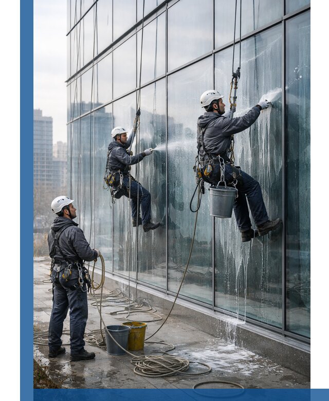 Промышленная мойка панорамных окон на высоте в Клинцах