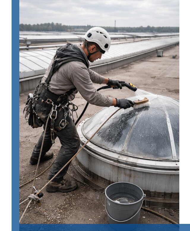 Мойка зенитных фонарей на кровле для промышленных объектов в Клинцах