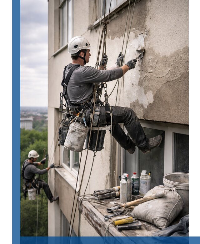 Косметический ремонт фасада зданий в Клинцах промышленными альпинистами
