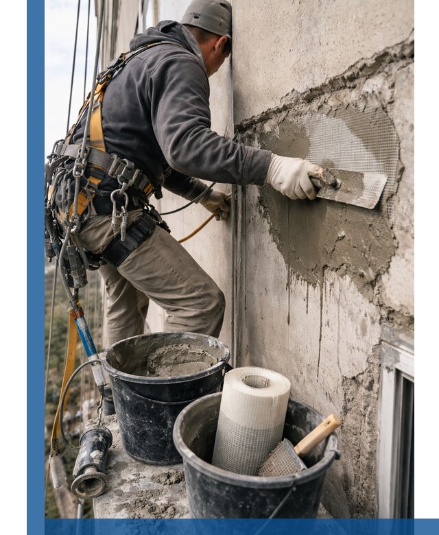 Ремонт бетонных элементов фасада промышленными альпинистами в Клинцах