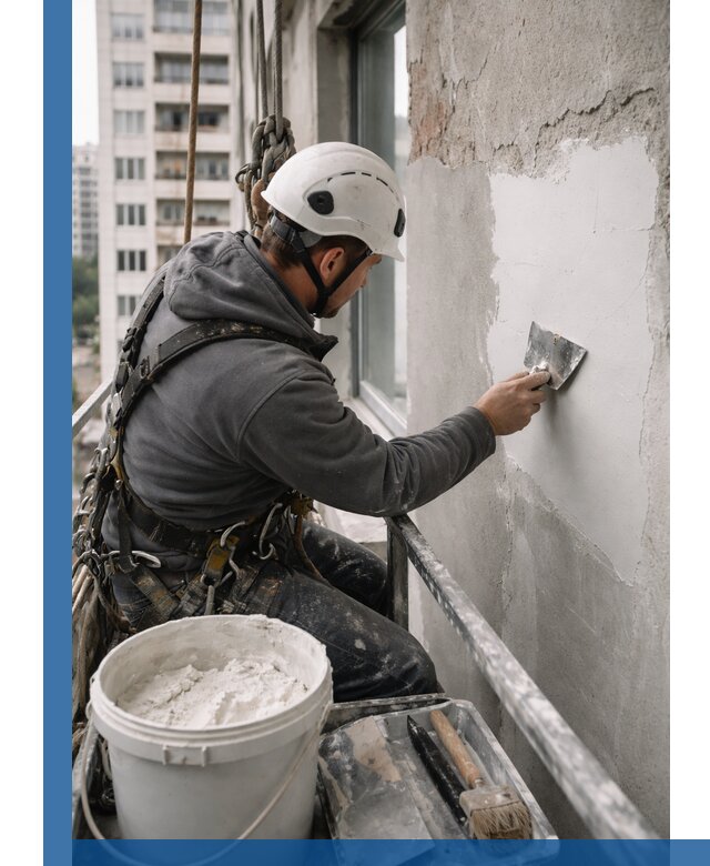 Шпаклевка фасадов на высоте с промальпинистами в Клинцах