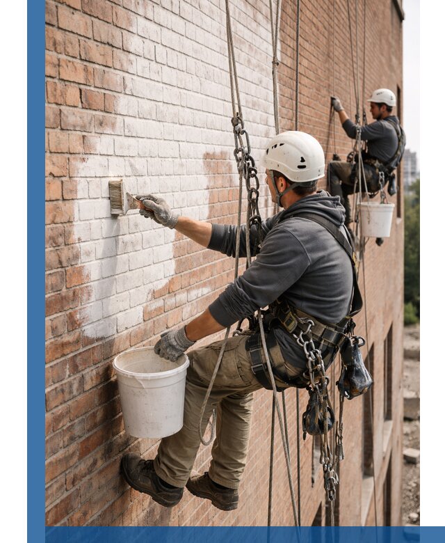 Покраска кирпичного фасада с доступным альпинистским сервисом в Клинцах