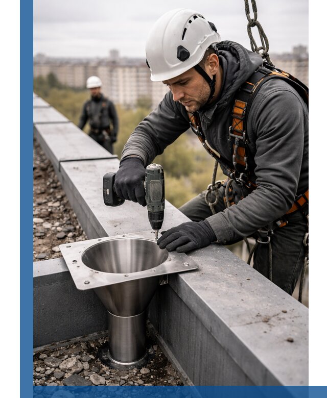 Монтаж водосточных воронок в Клинцах для промышленных зданий