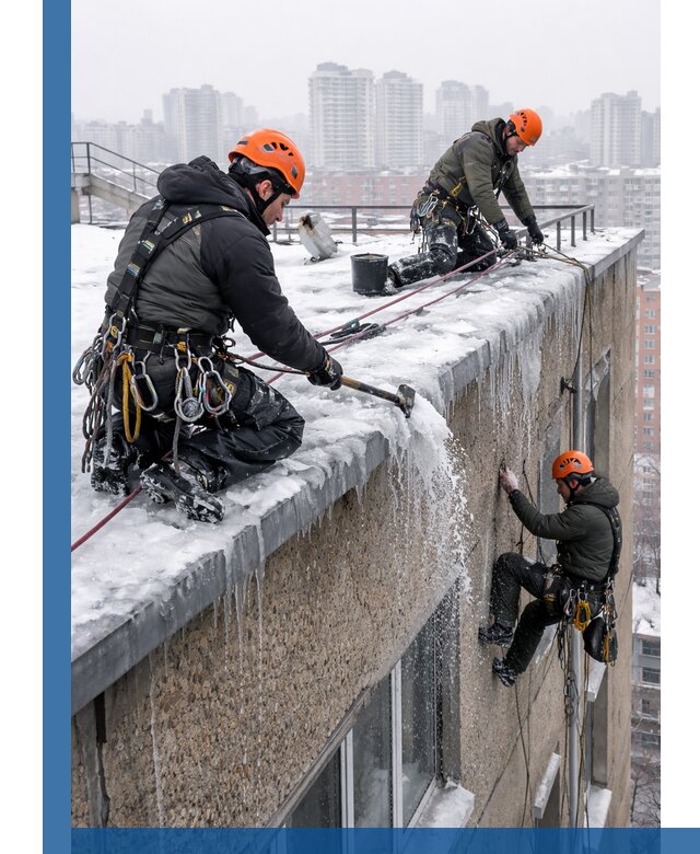 Удаление наледи с кровли в Клинцах промышленными альпинистами