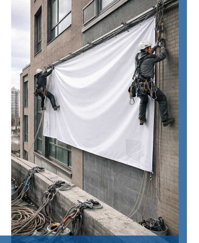 Монтаж баннеров на фасаде в Клинцах от 676 р. заказать ВЫСОТНИК-Клы