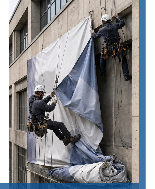 Демонтаж баннеров с фасада в Клинцах от 4678 р. | ВЫСОТНИК-Клы