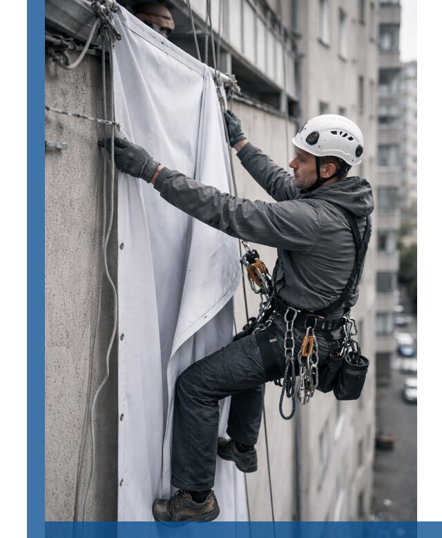 Замена баннерного полотна промышленными альпинистами в Клинцах