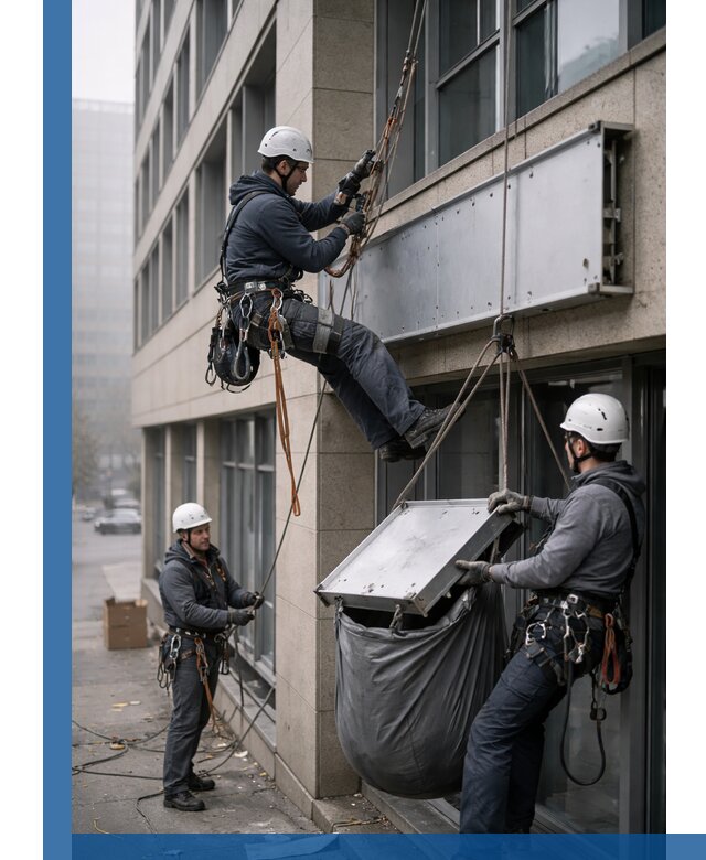 Демонтаж рекламной вывески с высотными работами в Клинцах