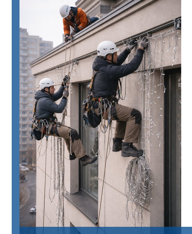 Монтаж праздничных гирлянд на фасаде в Клинцах для зданий