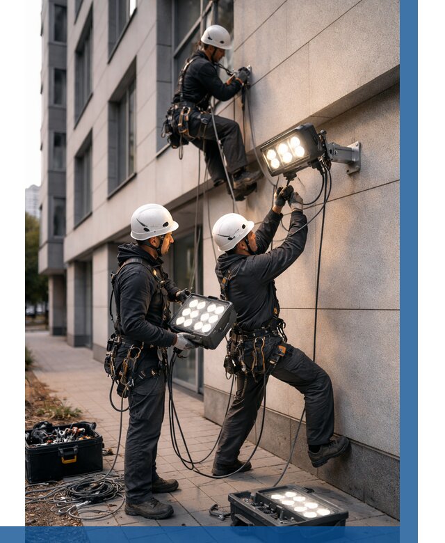 Монтаж прожекторов на фасаде в Клинцах от 7797 р. | ВЫСОТНИК-Клы