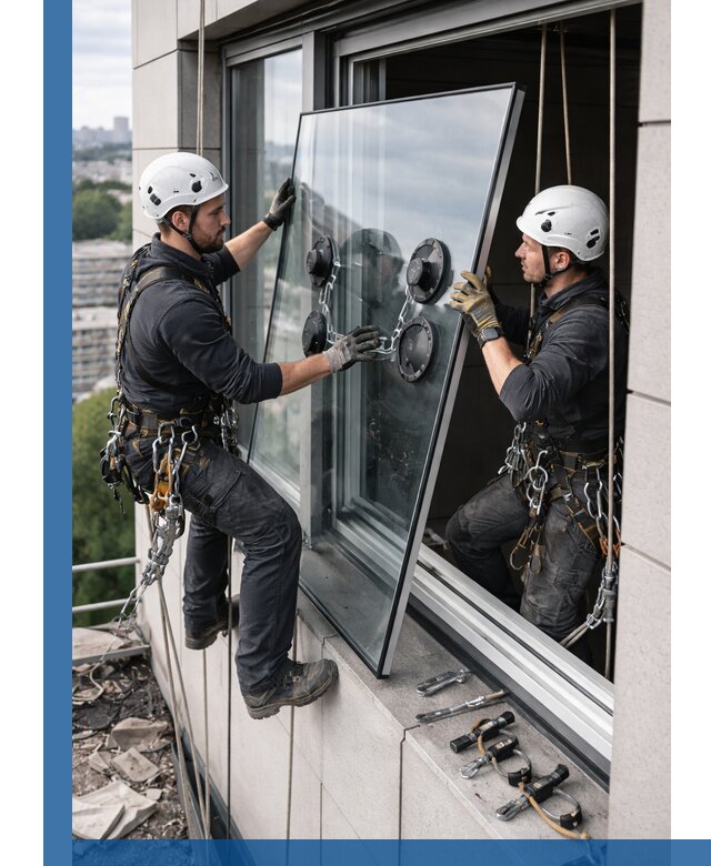 Замена стеклопакетов на высоте с промышленными альпинистами в Клинцах
