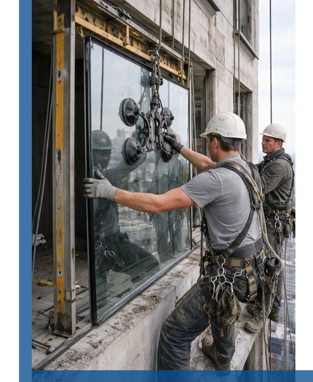 Монтаж стеклопакетов на высоте в Клинцах с промышленным альпинизмом