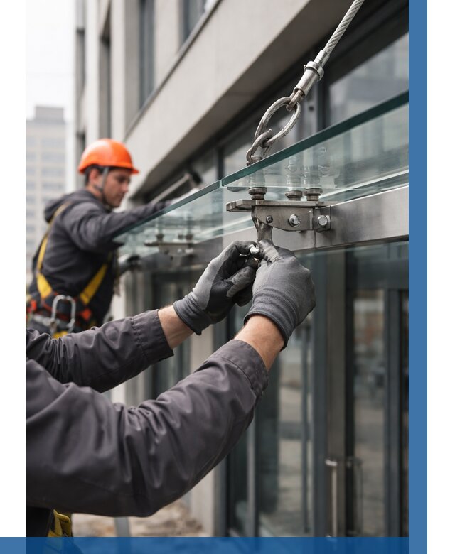 Монтаж стеклянных козырьков в Клинцах от 8837 р. | ВЫСОТНИК-Клы