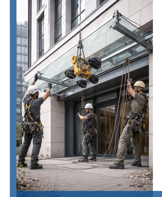 Монтаж стеклянных козырьков под ключ в Клинцах для зданий