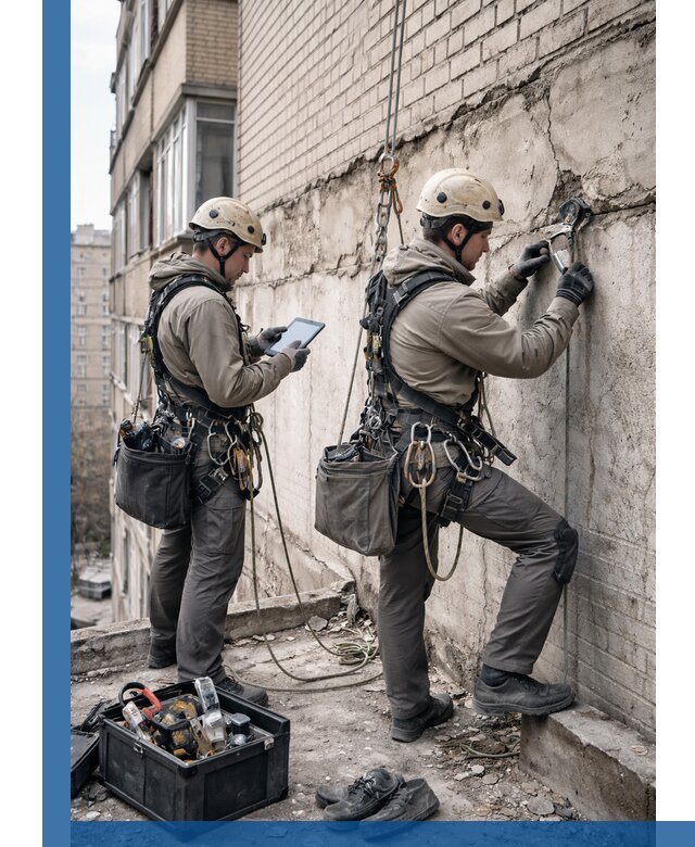 Обследование фасада промышленными альпинистами в Клинцах